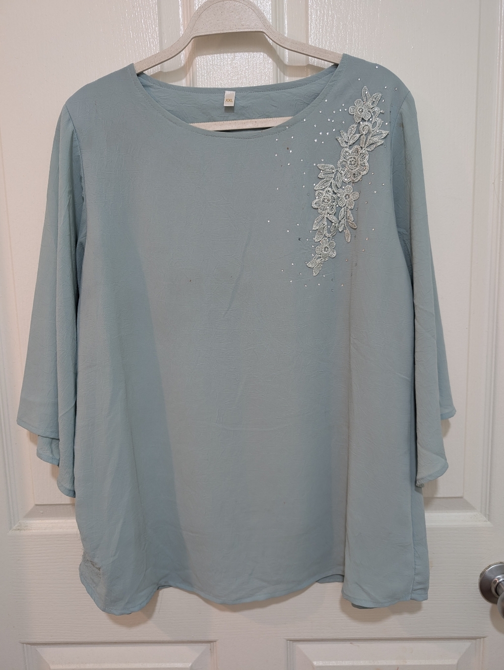 Casual Corner Light Blue Blouse with Lace Applique